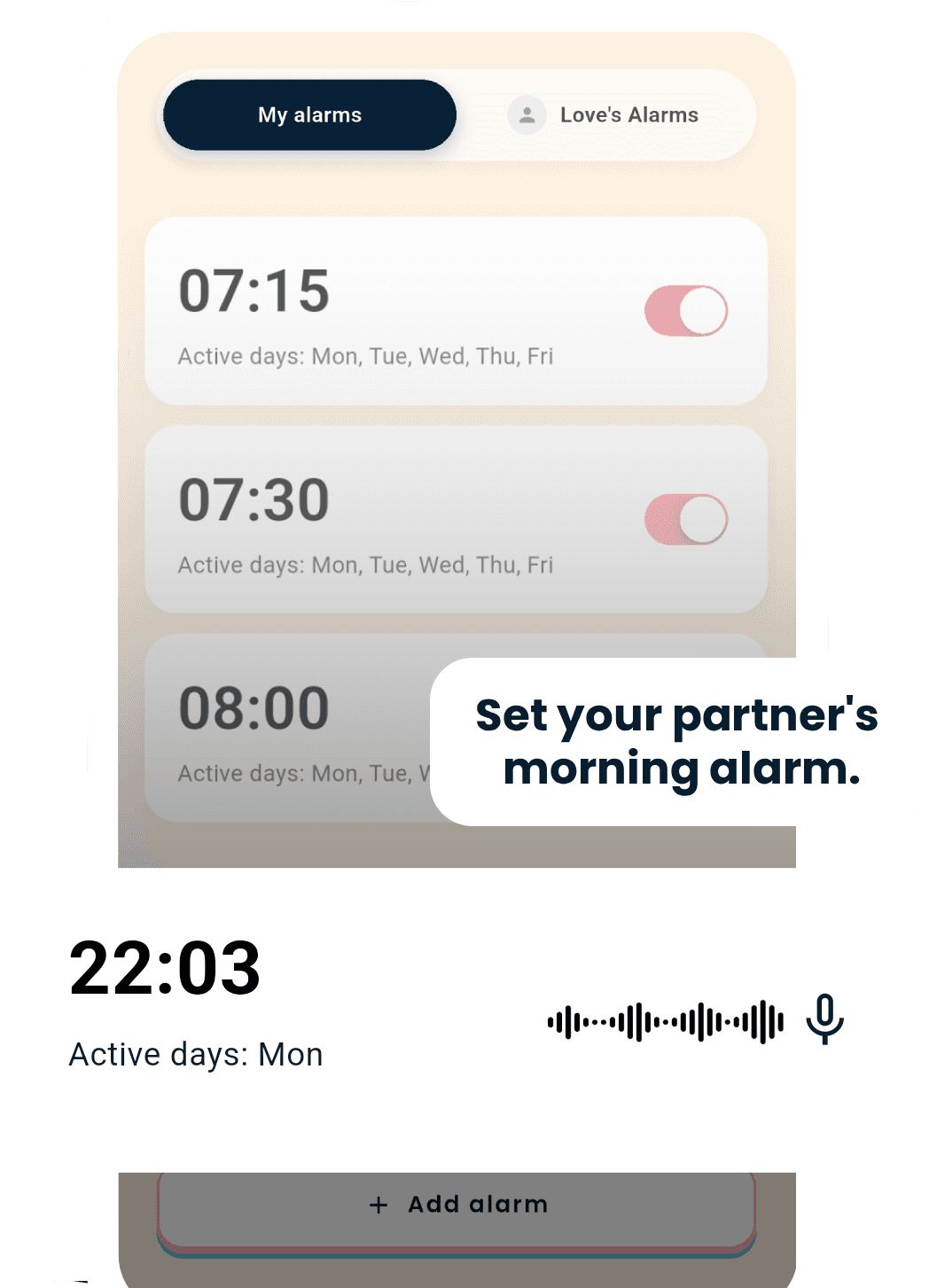 Lomly Alarm feature — set your partner's alarm with a voice note