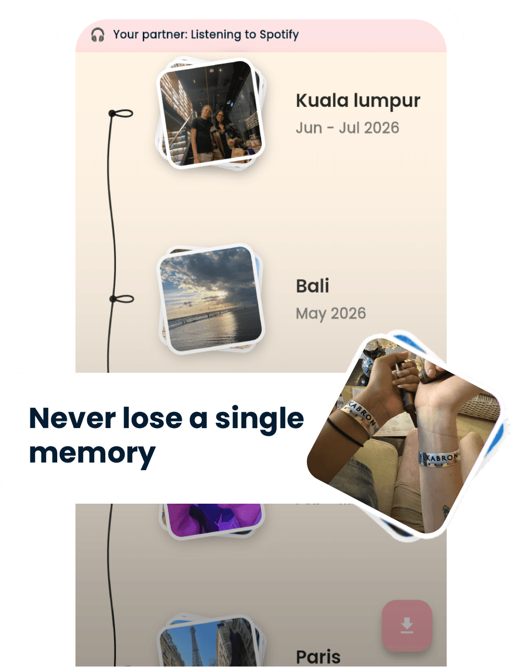 Lomly Memories feature — timeline of couple's moments